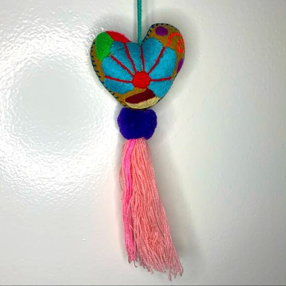 Embroidered Heart Tassel, Bag Charm Felt Pom Pom - Picture 1 of 3
